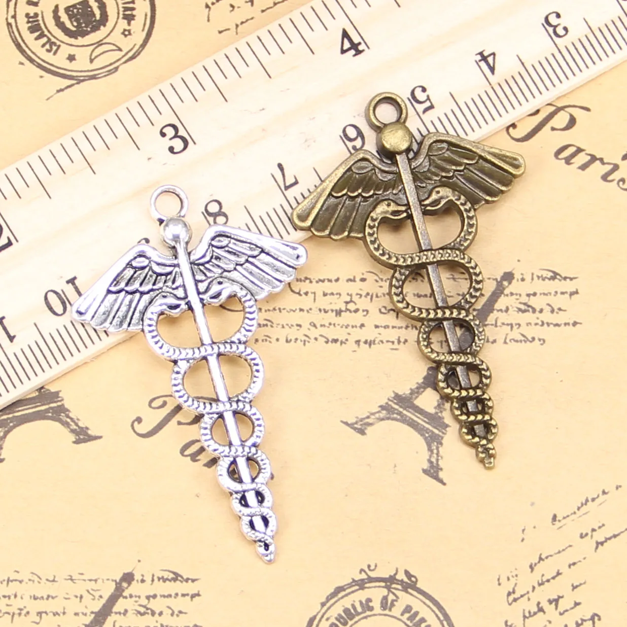 

3pcs Charms For Jewelry Making caduceus medicine symbol 49x30mm Antique Silver Plated Pendants DIY Tibetan Silver Necklace