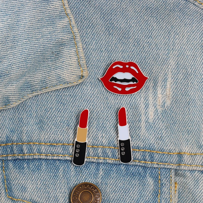 

High Quality Enamel Pin and Brooch Cute Sexy Red Lips and Lipstick Pins Jewelry Badges Bag Clothing Denim Decoration Women Men