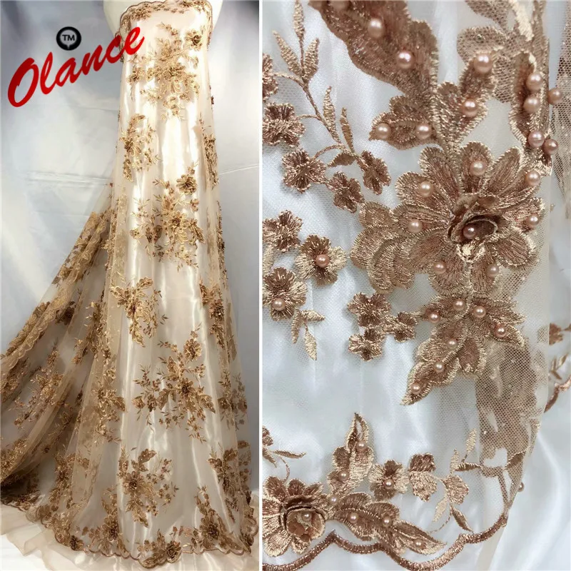 

New Coming High Quality Metal Threads Appliqued Flowers with Beads For Dress Material ZF51 Free Shipping Cheap Tulle Lace Fabric