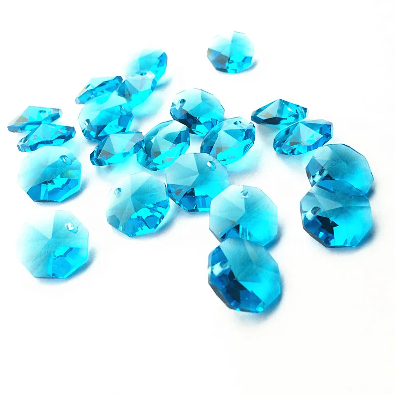 

100pcs/lot 14mm Aqua Glass Octagon Beads In 1 Hole Crystal Chandelier Lighting Beads Pendant Strand Garlands Home Accessories