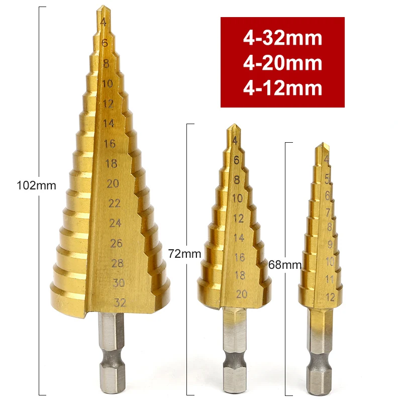 3 Pcs Stepped Drill Bits Hex Shank HSS Titanium Coated Straight Flute Pagoda wood tool hand drill bits brocas para metal 3 Pcs Stepped Drill Bits Hex Shank HSS Titanium Coated Straight Flute Pagoda wood tool hand drill bits brocas para metal