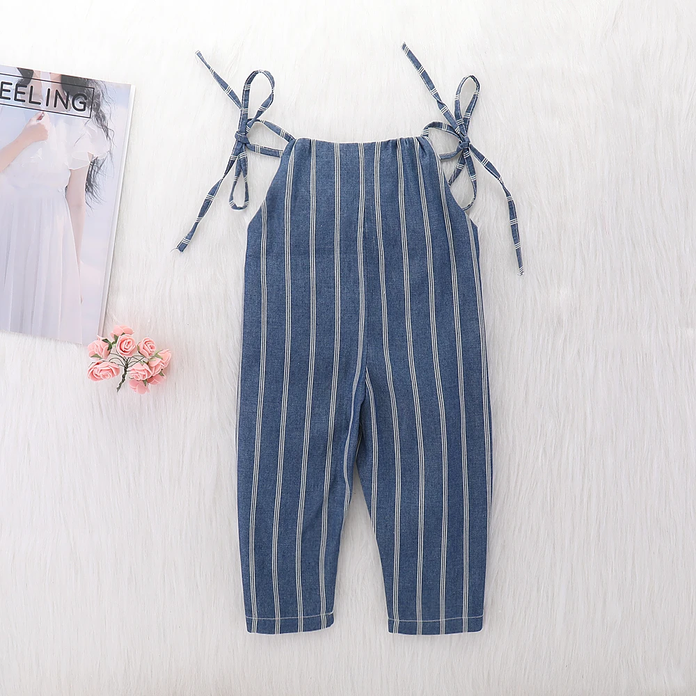 Baby Rompers Clothes Summer Strap White Stripes Print Toddler Girl Jumpsuits Navy Blue Infant Kids Sleeveless Overalls 1-4T