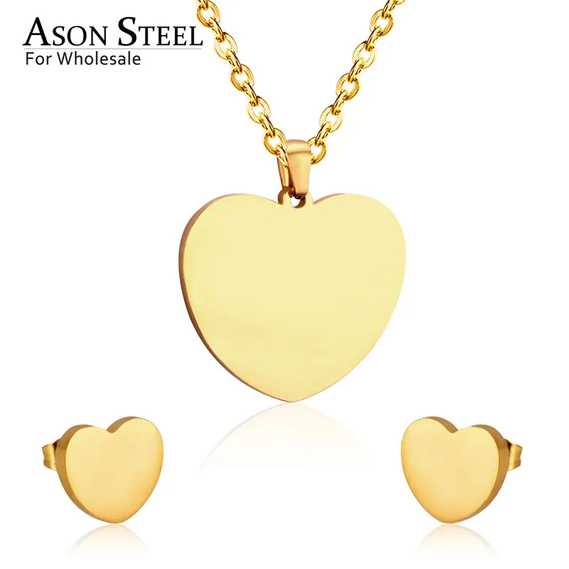 

Fashion Heart Pendant Jewelry Sets Wedding Pendant Necklace & Small Stud Earrings Gold 316L Stainless Steel for Women Gift