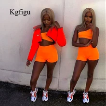 KGFIGU неоновый оранжевый комплект из двух предметов, сексуальный укороченный топ на одно плечо и байкерские шорты, спортивные костюмы, женская одежда,, стильный наряд