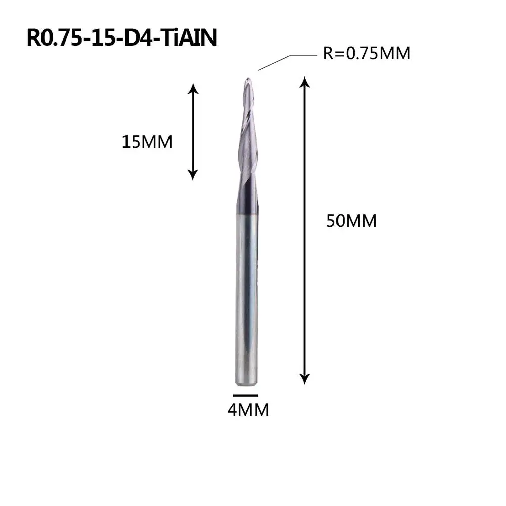 1 шт. Вольфрам твердого карбида с покрытием конус шариковый нос ЧПУ фрезы Фрезы для дерева и фрезы для металла Концевая фреза - Длина режущей кромки: R0.75-15-50-D4