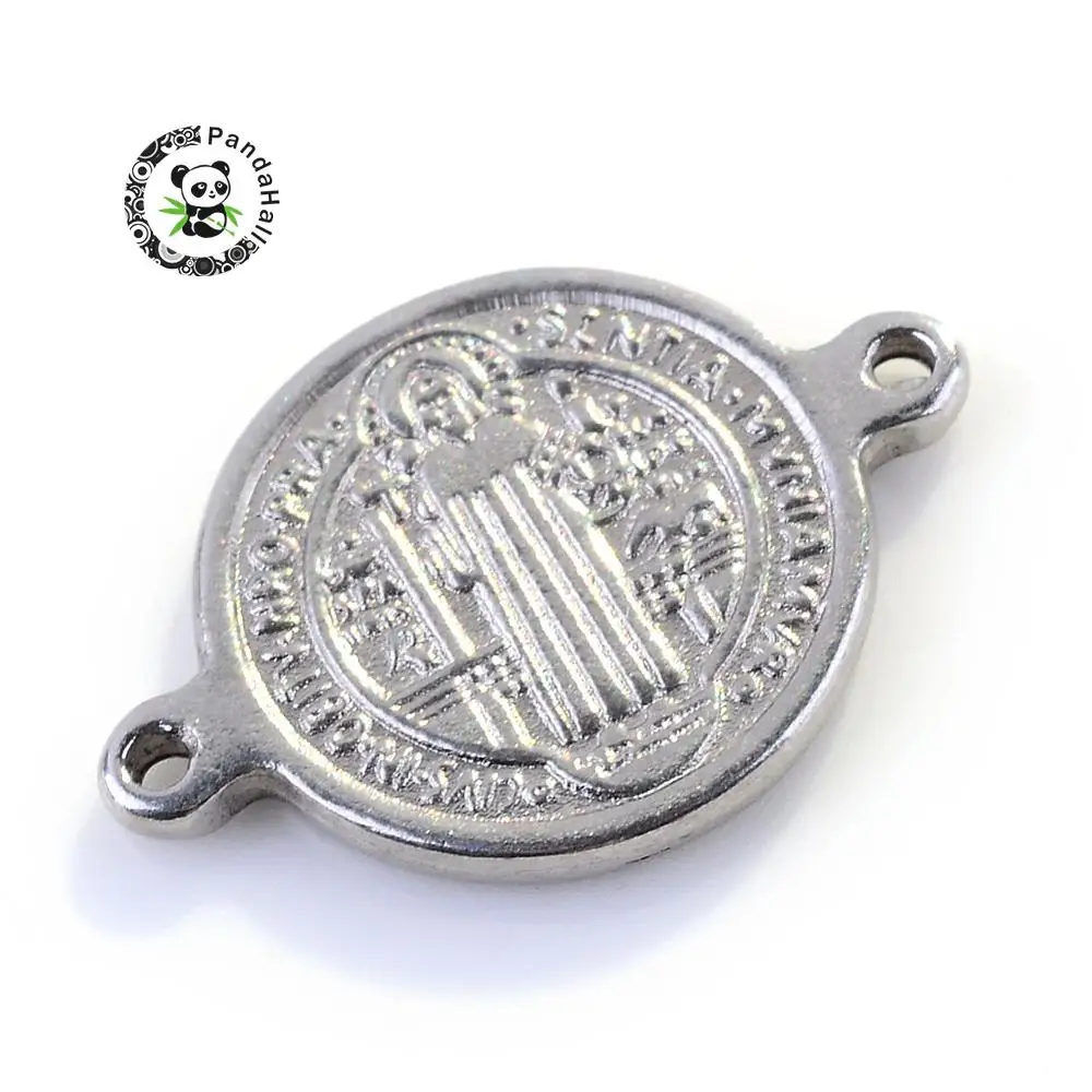 

304 Stainless Steel Links, Two-Sided Flat Round with San Benito, Stainless Steel Color, 20x14x1.5mm, Hole: 1mm
