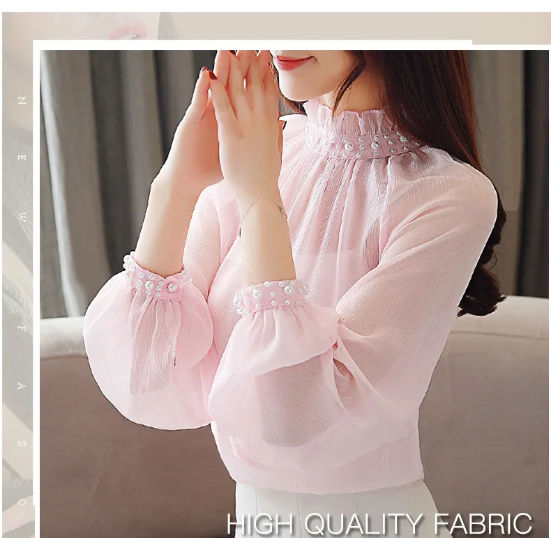 Femininas Blusas 2019 женская шифоновая блузка весна осень модная сексуальная прозрачная рубашка Топы жемчужные длинный рукав с бисером рубашки