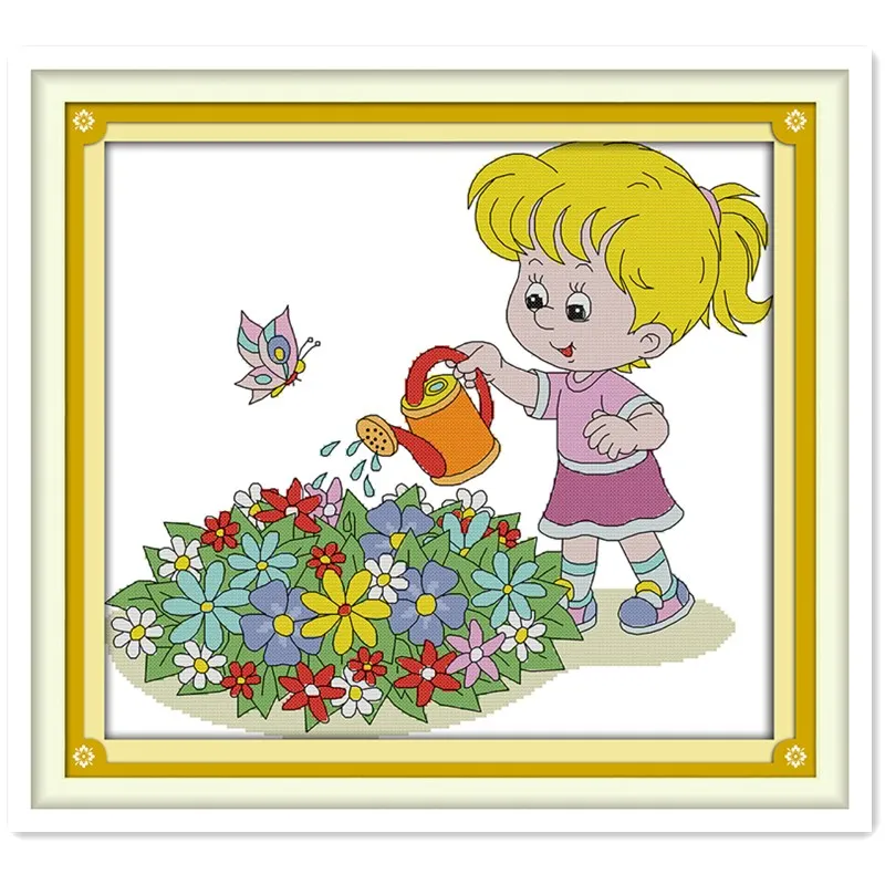 

The Little Girl Watering The Flowers Needlework Kits Chinese Counted Cross Stitch Patterns Kits Home Decor