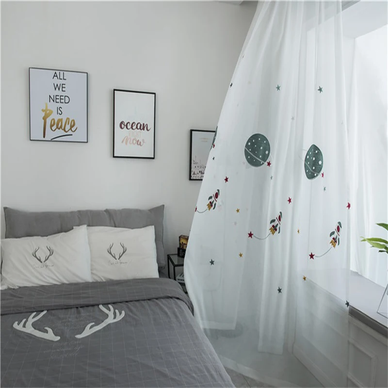 

Cartoon Spaceship Embroidered Blackout Curtains For Children's Room Baby Room Transparent Tulle Custom Boy's Curtain T56#3