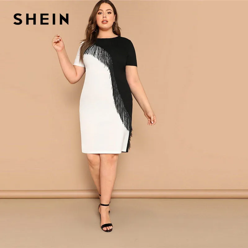 SHEIN زائد حجم هامش جبهتين لهجة قلم رصاص اللباس المرأة الصيف نهاية الأسبوع عارضة كم قصير نحيف Colorblock ميدي اللباس SHEIN زائد حجم هامش جبهتين لهجة قلم رصاص اللباس المرأة الصيف نهاية الأسبوع عارضة كم قصير نحيف Colorblock ميدي اللباس