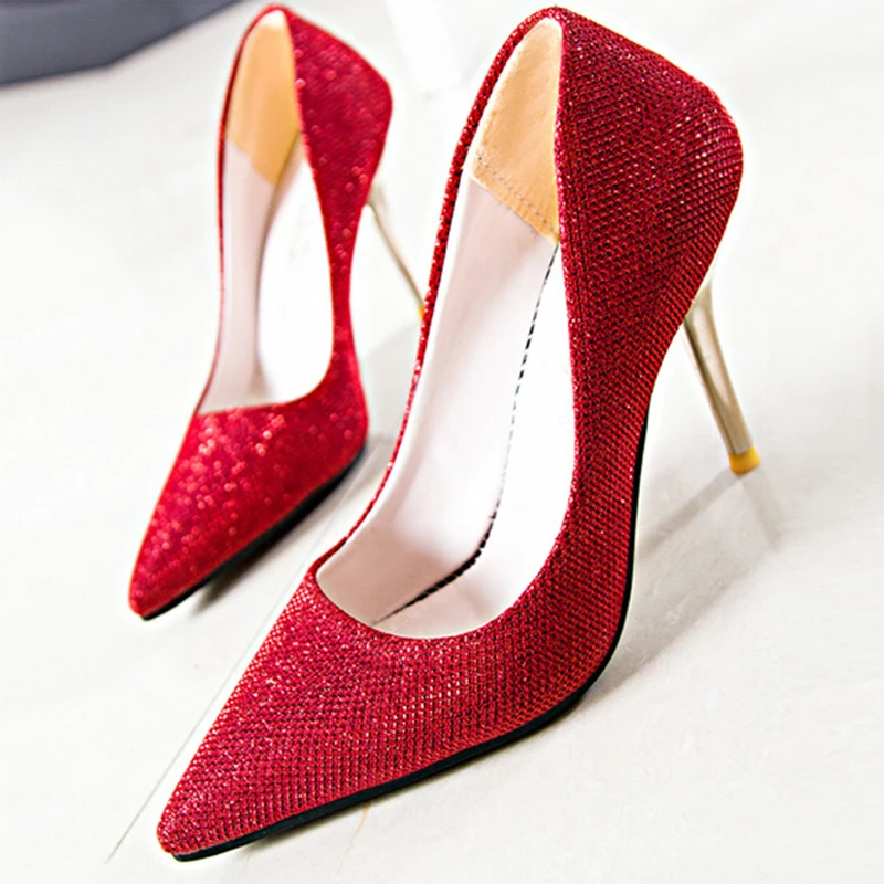 

High Quality Woman Pumps Thin High Heels Silver Shoes  Glitter Bling Gold Women Pump PU Leather Shoes For Spring l200 65