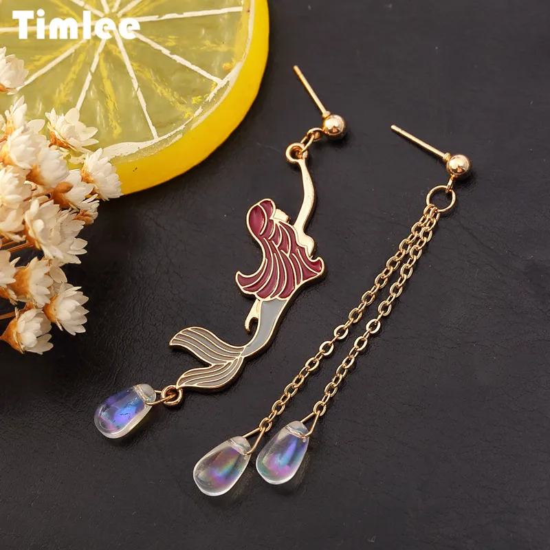 

Timlee E014 Free shipping Temperamental Personality Mermaid Water Drop Asymmetric Long Drop Earring, Fashion Jewelry Wholesale