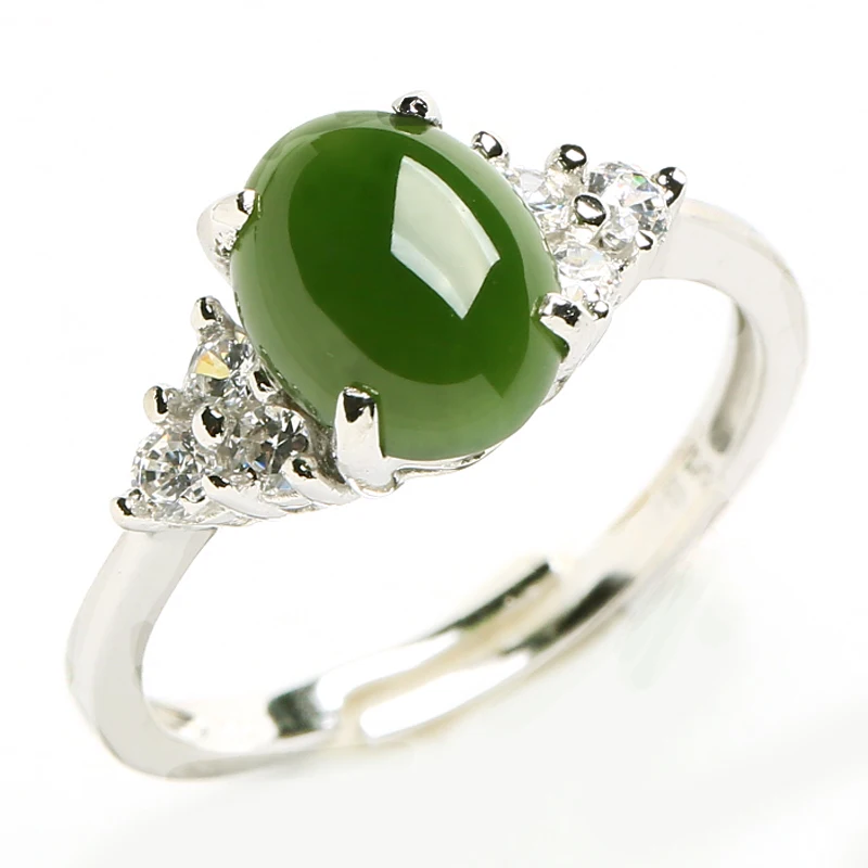 

925 silver inlay and Hetian jade ring natural spinach Green jasper Women jade Ring retractable ring belt certificate