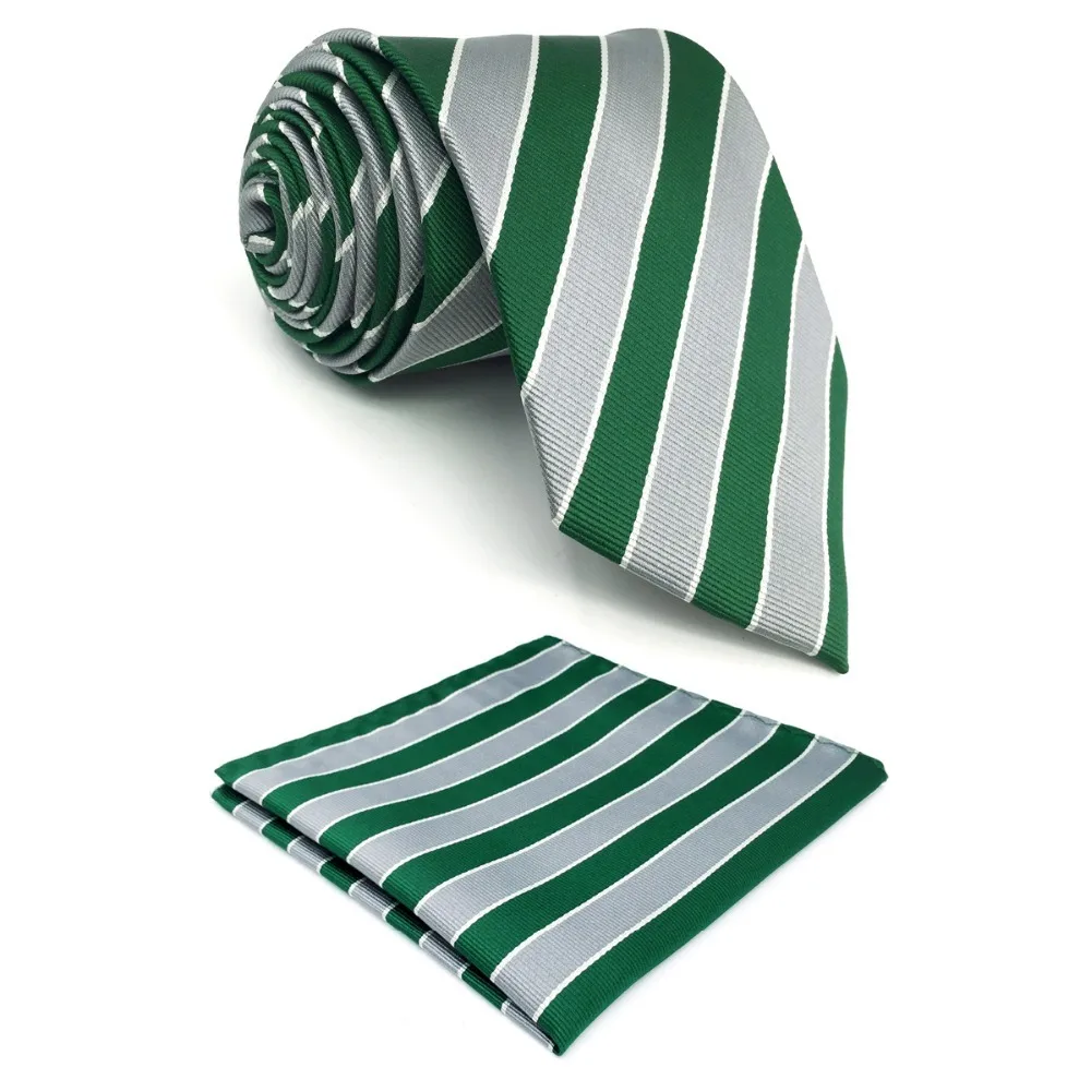 

D31 Green Grey Striped Ties for Men Classic Silk Tie Set Pocket Square