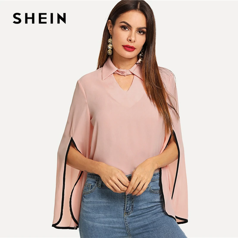 SHEIN Hot Pink Keyhole Front Split Bell Sleeve Top Elegant Workwear V ...