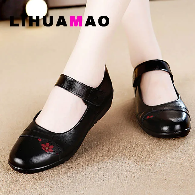

LIHUAMAO Leather women wedges shoes ankle strap round toe Mary Jane shoes wedding party ladies dress shoes