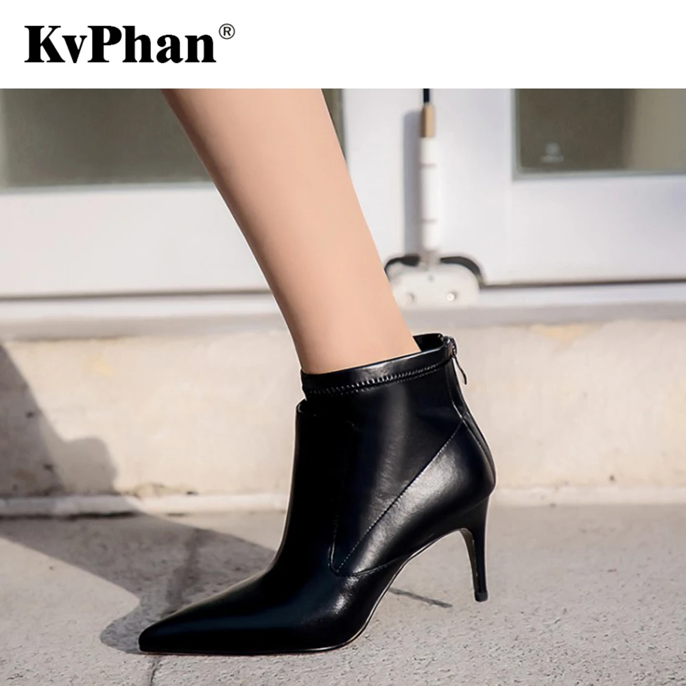 

New Elegant Black Cow Leather Winter Ankle Lady Boots KvPhan Casual Autumn Shoes Woman Size 33-43 Thin Heel High Heels for Woman
