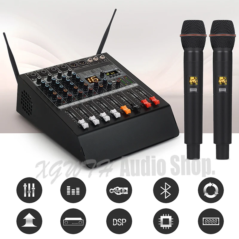 

4 Channel 250W + 250W Power Amplifier Studio Audio Mixer Bluetooth USB Mixing Console 2 Handheld Wireless Microphone