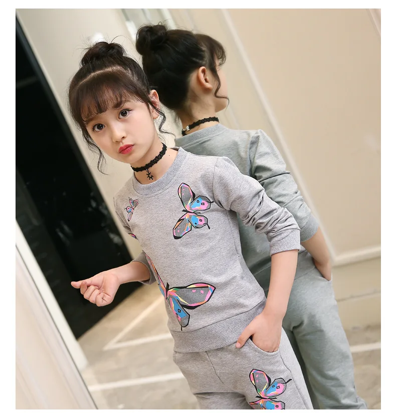 Комплекты одежды для маленьких девочек Осенняя детская одежда спортивные костюмы с принтом бабочки хлопковые толстовки+ брюки
