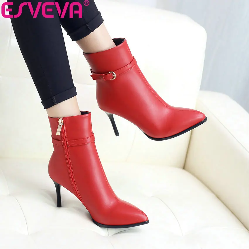 

ESVEVA 2019 Winter Boots Women Ankle Boots Thin High Heels Women Shoes Zipper Woman Pointed Toe Shoes 39 Ankle Boots for Women