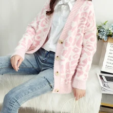 Милый свитер с леопардовой раскраской, женский Кардиган с длинным рукавом, розовый вязаный свитер, женский зимний топ, джемпер, женский кардиган casaco feminino