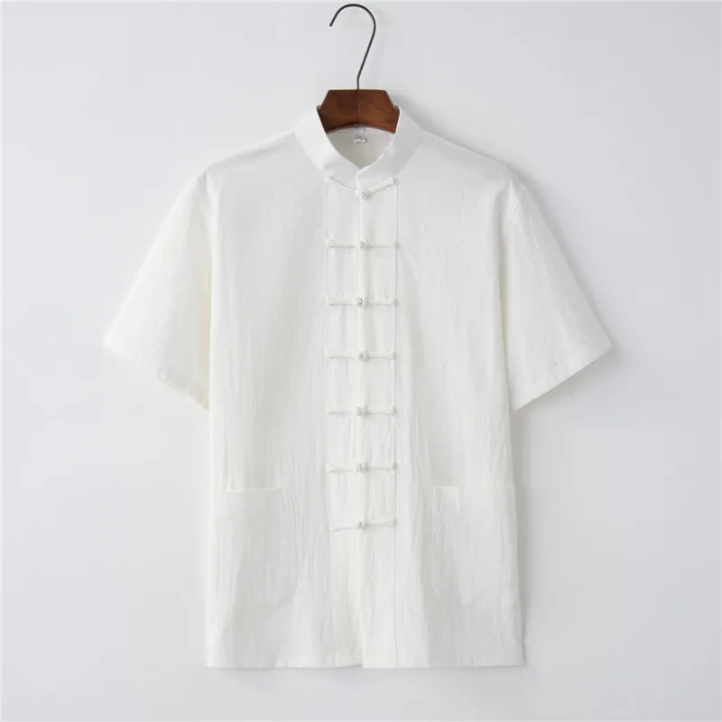 Summer Cotton Linen Kung Fu Shirt Blouse Mens Short Sleeve  Traditional Chinese Tang Suit Top Male Tai Chi Uniform 5