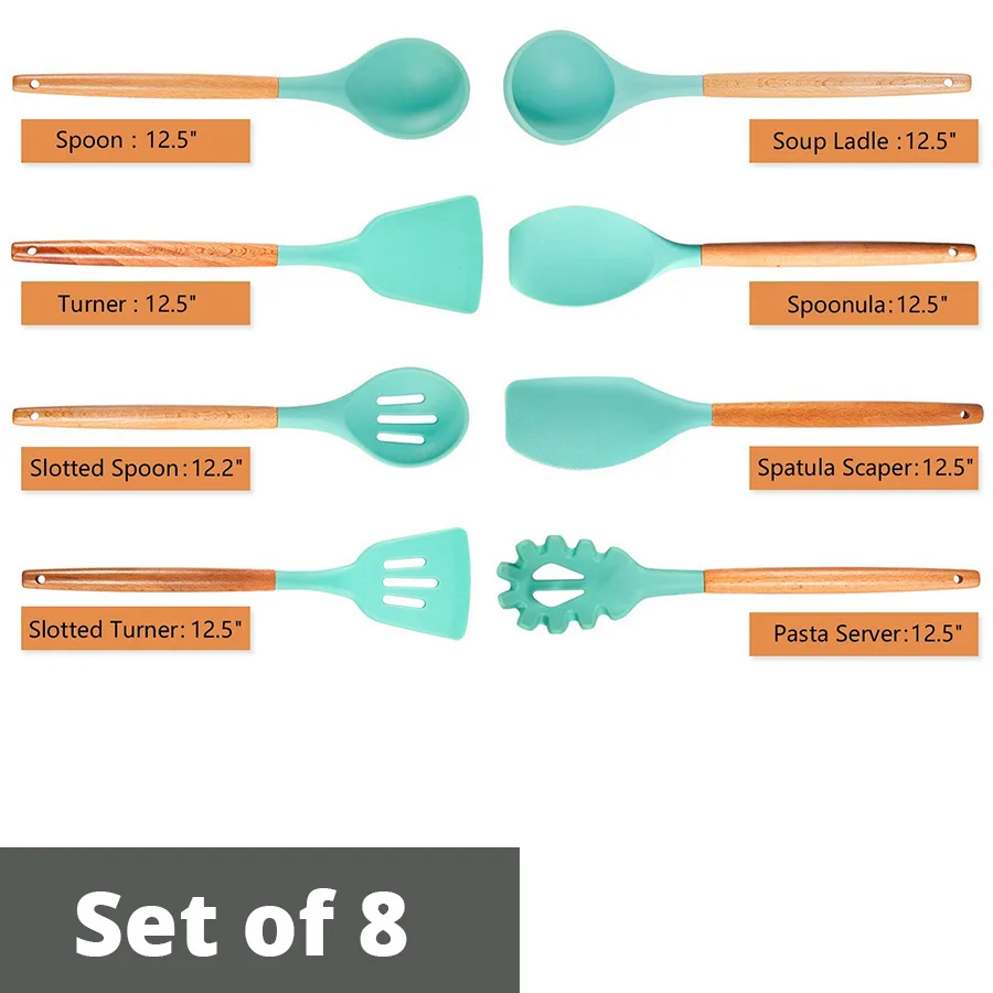 Силиконовая кухонная утварь набор, бамбуковые деревянные ручки Инструмент для готовки нетоксичные силиконовые кухонные гаджеты - Цвет: Set of 8 Green