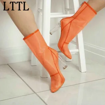 

LTTL Week Runway Boots Clear Perspex Heel Mesh Ankle Boots Transparent Shoes Summer Pointed Toe High Heel Clear Woman Booties