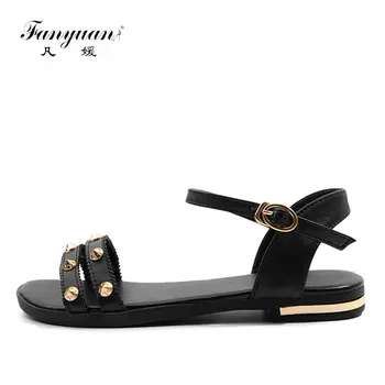 

Fanyuan Fashion Genuine Leather Buckle Strap Sandals Comfort Concise Rivet Flats Summer Ankle Strap Flat shoes Women shoes