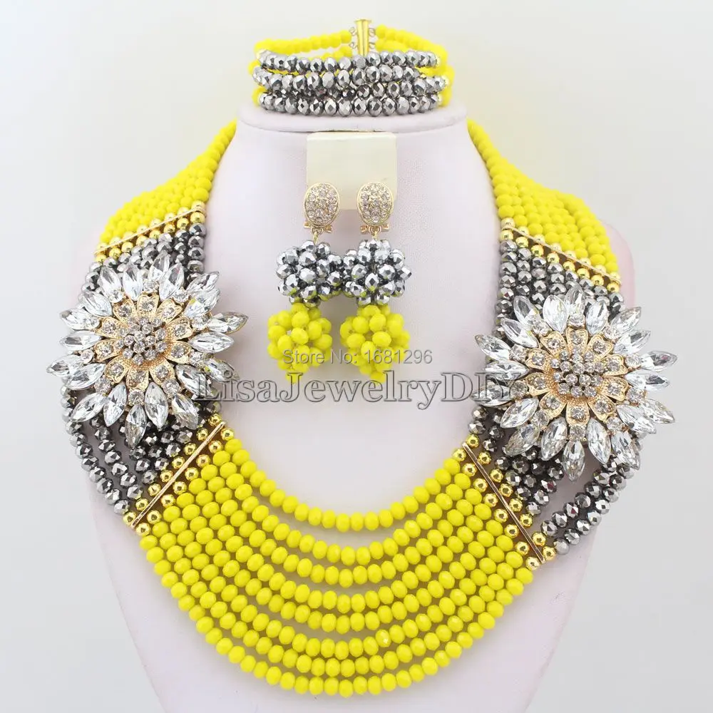 Новый Дизайн желтый несколько рядов в нигерийском стиле свадебный комплект ювелирных изделий с Рейн Цветочные Для женщин Африканский Буси... Новый Дизайн желтый несколько рядов в нигерийском стиле свадебный комплект ювелирных изделий с Рейн Цветочные Для женщин Африканский Буси...