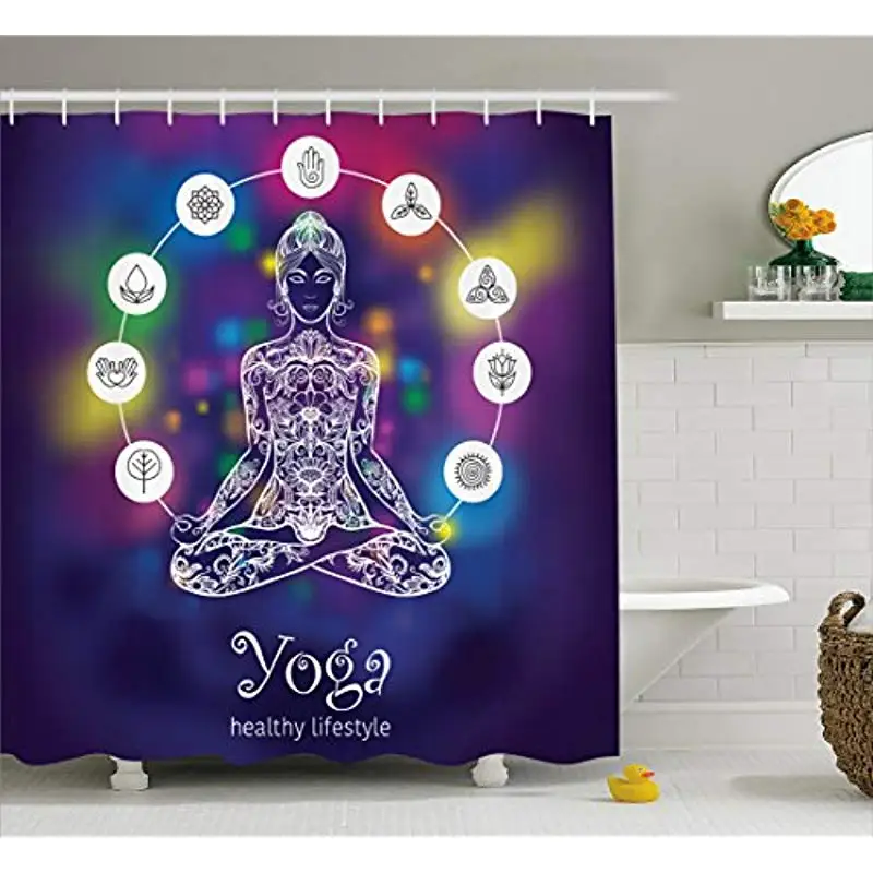 

Vixm Yoga Meditating Crossed Legged Lotus Pose Woman with Seven Chakra Symbols Abstract Mystic Fabric Shower Curtains