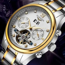 Top brand GUANQIN tourbillon relojes reloj mecánico automático de acero de los hombres a prueba de agua reloj de la marca de los hombres de lujo 12 meses Garantizado!