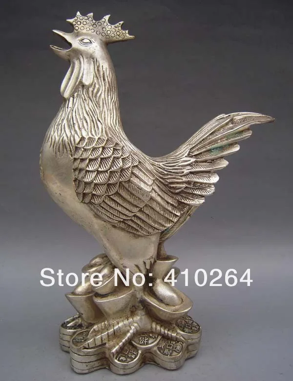 

0116P [old craft ] Fast shipping 10" Old Chinese Silver Bronze Zodiac Animal Fortune Chanticleer Statue (A0314)