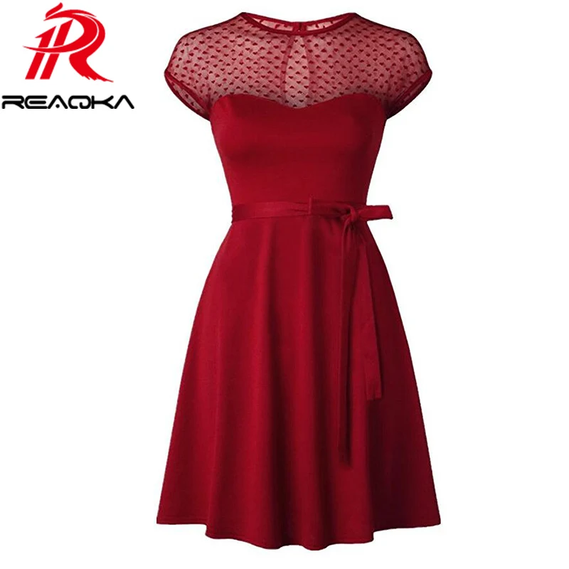

Reaqka Heart Pattern Gauze Mesh Summer Dress Patchwork Swing Cocktail Bow Women Little Black Dress 2018 Fashion Women Clothing