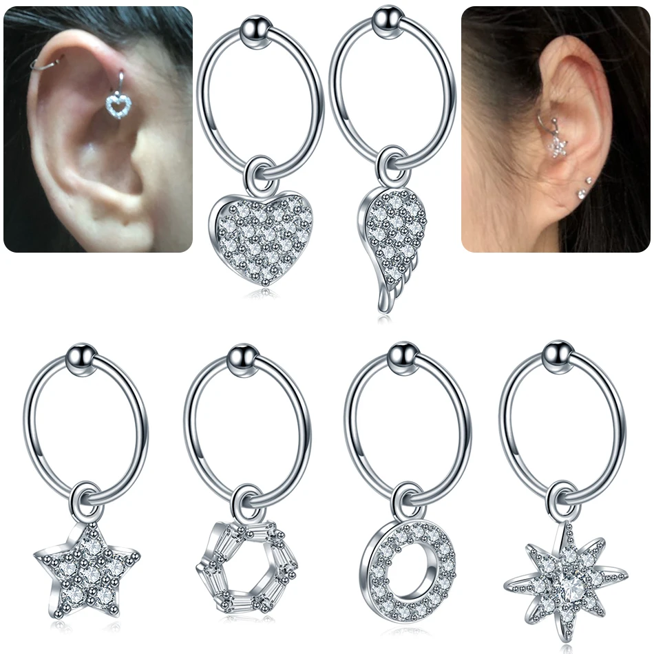 

1PC Steel Heart Round Star Crystal Gem Tragus Daith Earrings Helix Cartilage Hoop Septum Nostril Earrings Piercing Women Jewelry