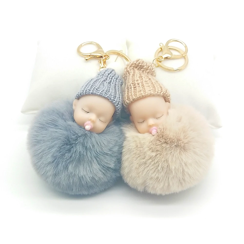 

Sleeping Baby Doll Keychain Nipple Doll Pompom Keychains Fake Rabbit Fur Ball Key Chain Pendant Nipple Baby Keychain Car Keyring