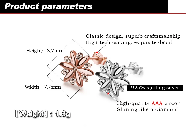 Не аллергические серьги женские модели 925 серьги из чистого серебра простые снежинки циркониевые серьги розовое золото серьги Благородная Девушка jewe