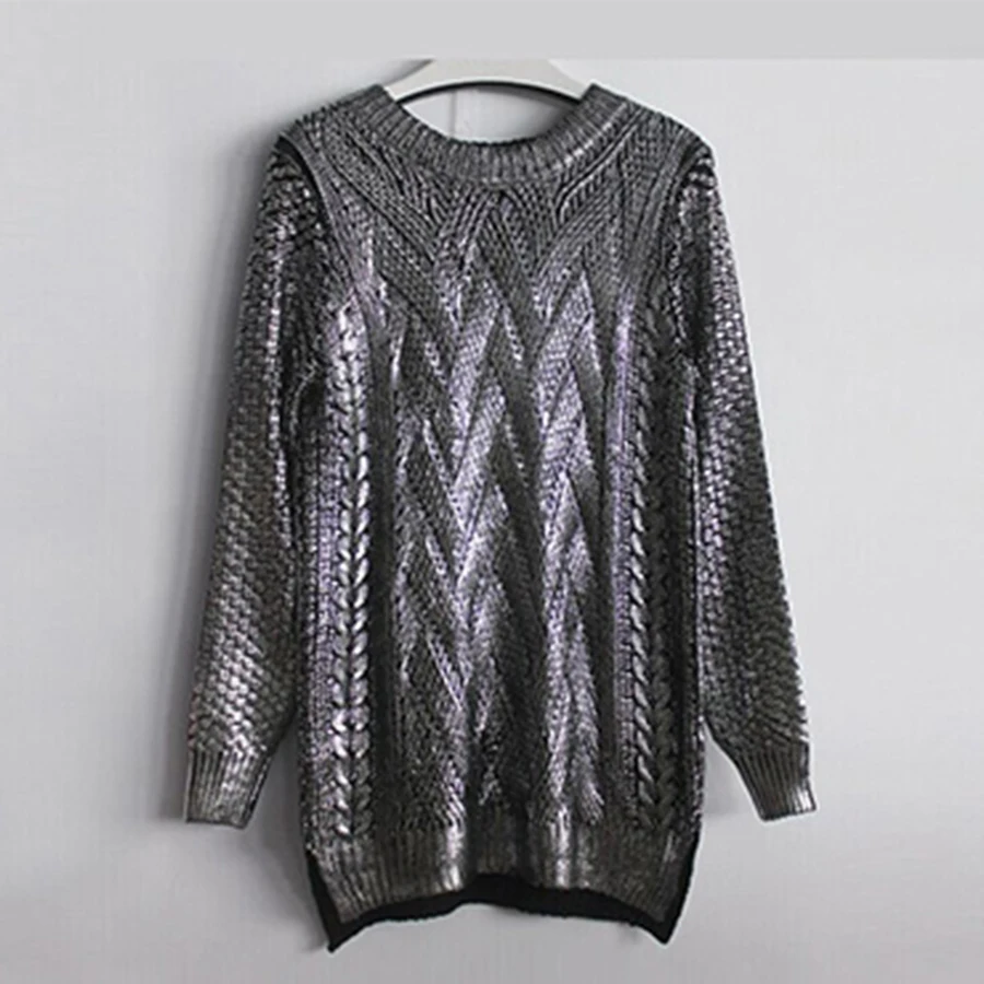 Women Bronzing Silver Knitted Sweater Winter Long Warm Retro Pullover Gold Silver Fashion Round Neck Sweater Casual High Quality