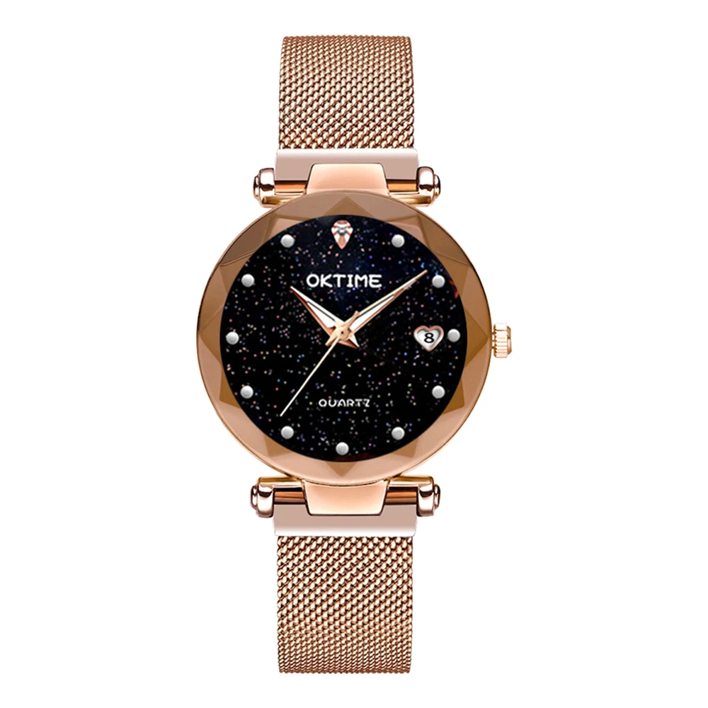 

Bright Stars Ladies Women Watch Clock Heart-shape Watch with Calendar Star Dial Mesh Band Watches Purple