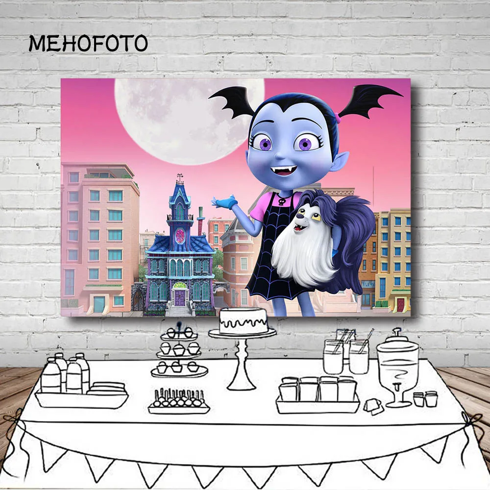 

Vinyl Photography Backgrounds Junior Vampirina Backdrop Girls Birthday Party Buildings Round Moon Children Backgrounds