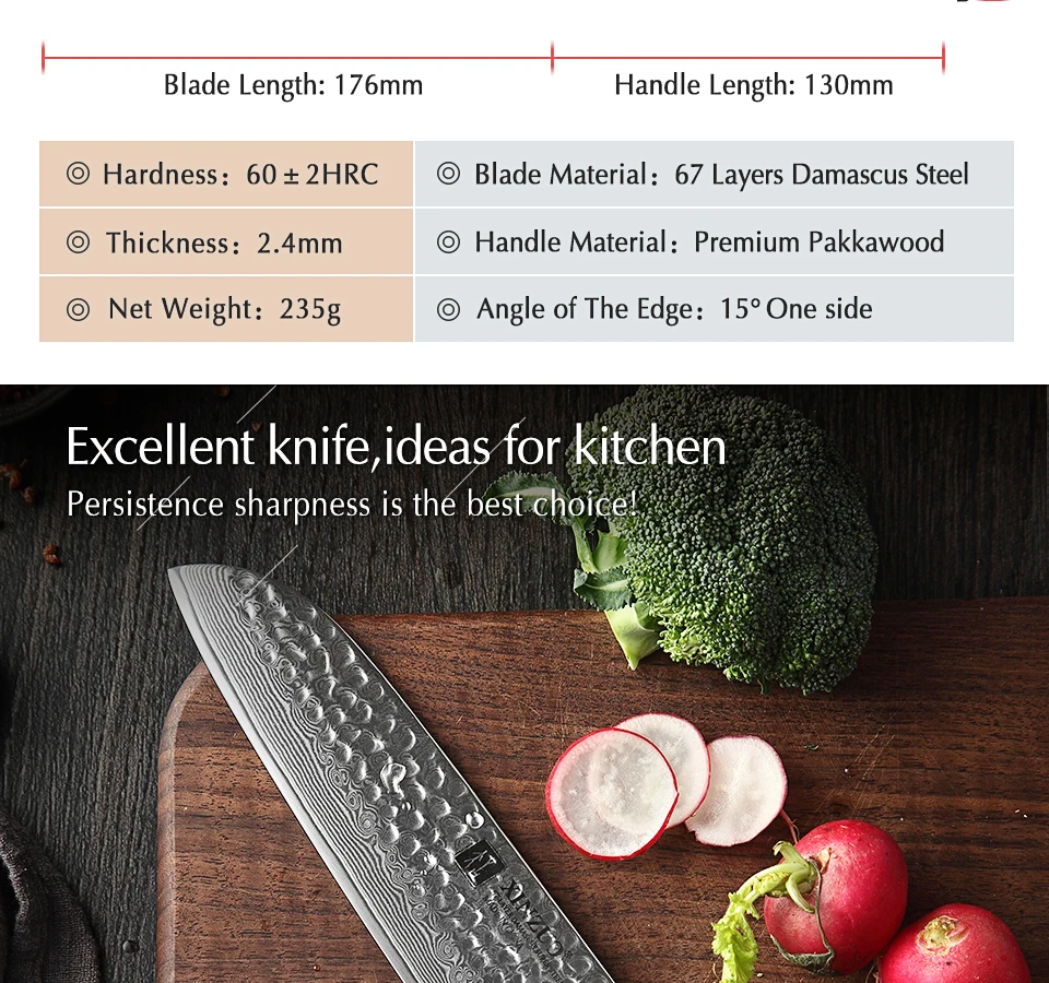 XINZUO 7" inch Santoku Knife VG10 Damascus Japanese Steel Kitchen Knives Lasting Sharp Blade Chef Cook Knives Pakkawood Handle
