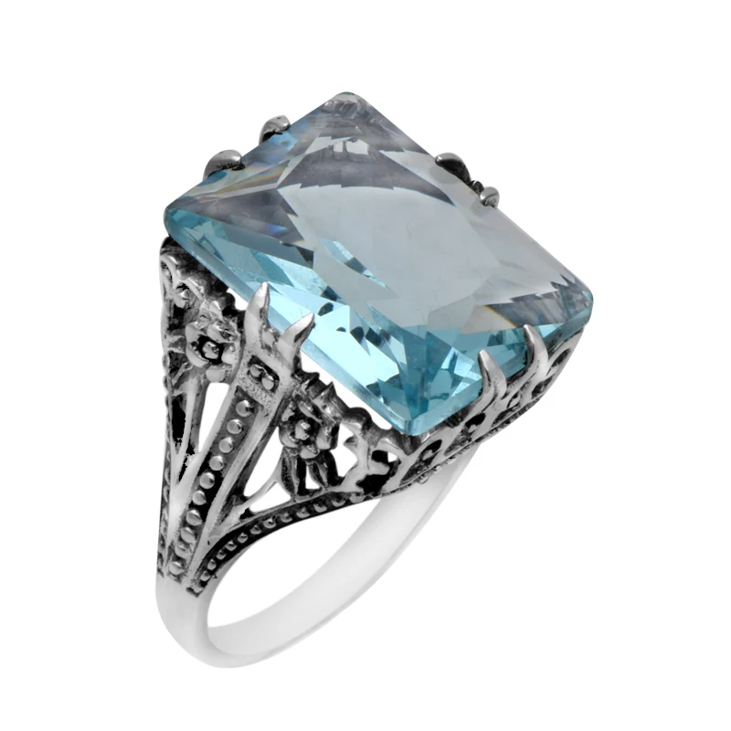 Szjinao 925 Sterling Silver Rings for Women Fashion Aquamarine Ring Frame Flowers Antique Wedding Ring