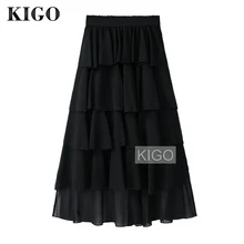 Многослойная летняя черная шифоновая юбка с высокой талией Женская миди юбка длинная с резинкой в талии повседневная юбка Jupe Femme Saia KE1864H