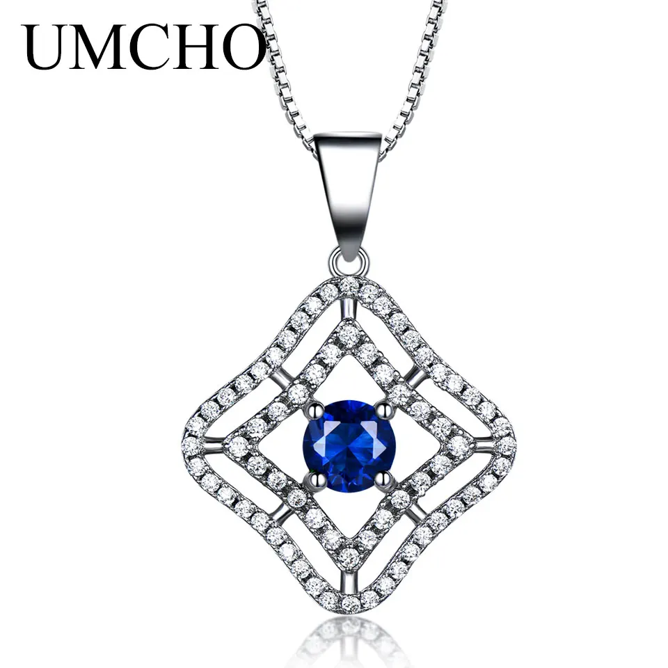 

UMCHO Luxury Blue Sapphire Pendants Necklaces for Women Real 925 Sterling Silver Vintage Pendant With Chain Fine Jewelry Gift