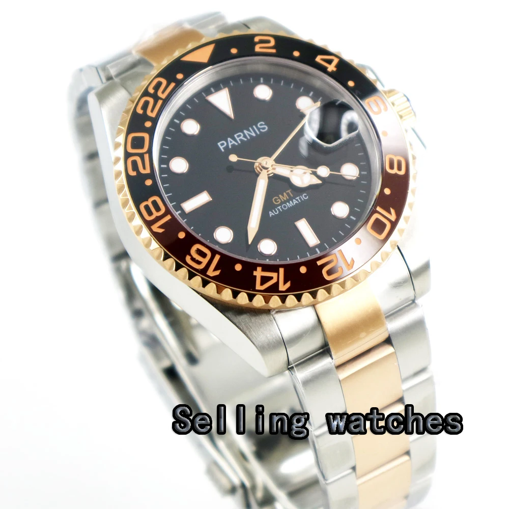 40mm PARNIS black dial Sapphire glass ceramic bezel GMT automatic mens watch 40mm PARNIS black dial Sapphire glass ceramic bezel GMT automatic mens watch