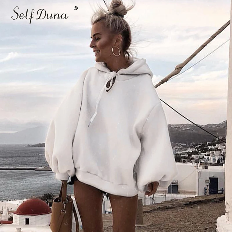 

Self Duna 2019 Autumn Winter Women Oversized Hoodie Hooded Casual Loose Warm White Female Hoodie Sweatshirt