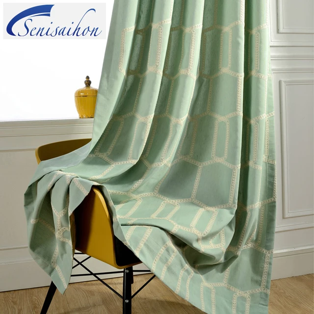 Senisaihon Past Cotton Linen Blackout Curtains Light Blue Green Senisaihon Past Cotton Linen Blackout Curtains Light Blue Green Plaid Embroidered Customize Tulle Curtain For Living Room