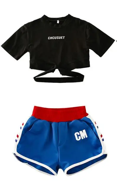Летняя одежда для девочек-подростков; черная укороченная футболка и синие шорты; комплект одежды из двух предметов для детей; костюмы в стиле хип-хоп для девочек - Цвет: 2PCS SET