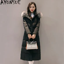 AYUNSUE, зимний длинный пуховик на утином пуху, Женское пальто с капюшоном и меховым воротником, женские пуховики, Casaco Feminino KJ413