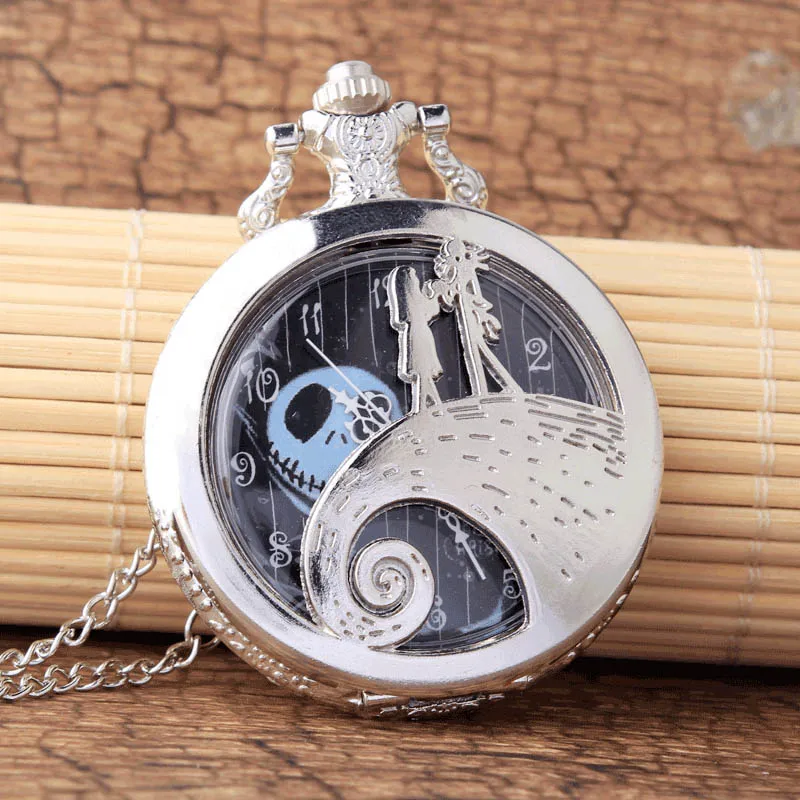 12 дизайн Тим Бертон Кошмар перед Рождеством кварцевые карманные часы Джек Скеллингтон с цепочкой ожерелье флип часы для мужчин - Цвет: 2